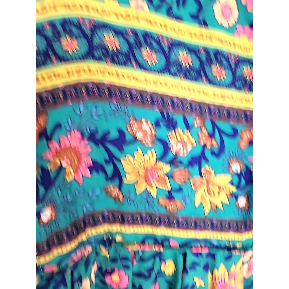 Prairie Boho Tassel Tied Midi Dress Women's M Blue-Green Floral Balloon Sleeve - Picture 9 of 10
